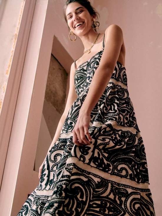 Sezane Dresses & Skirts - Sézane Anaka Dress Black & Cream Embroidered Print Tiered Maxi Dress 36